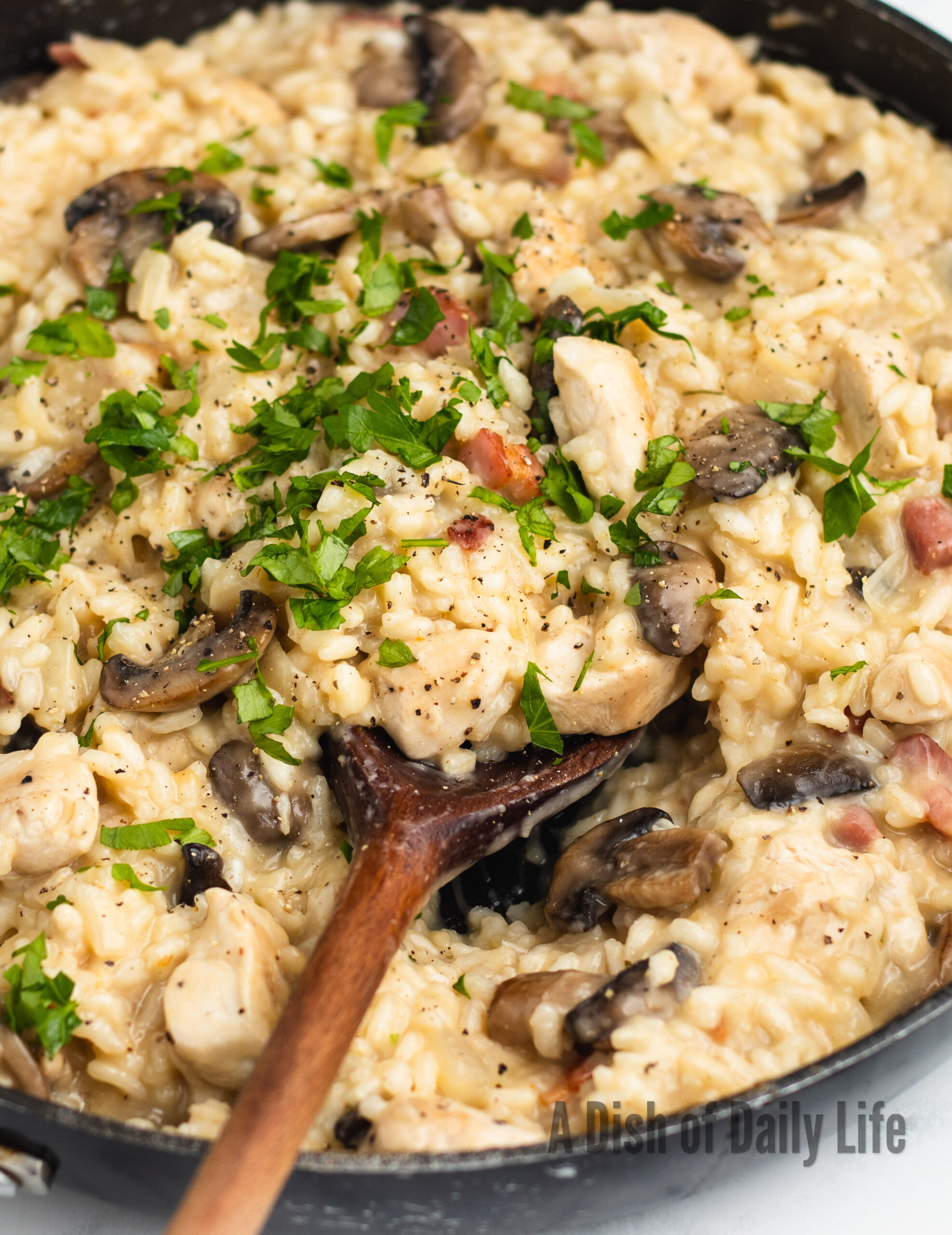 zoomed in image of risotto in pan, ready to serve