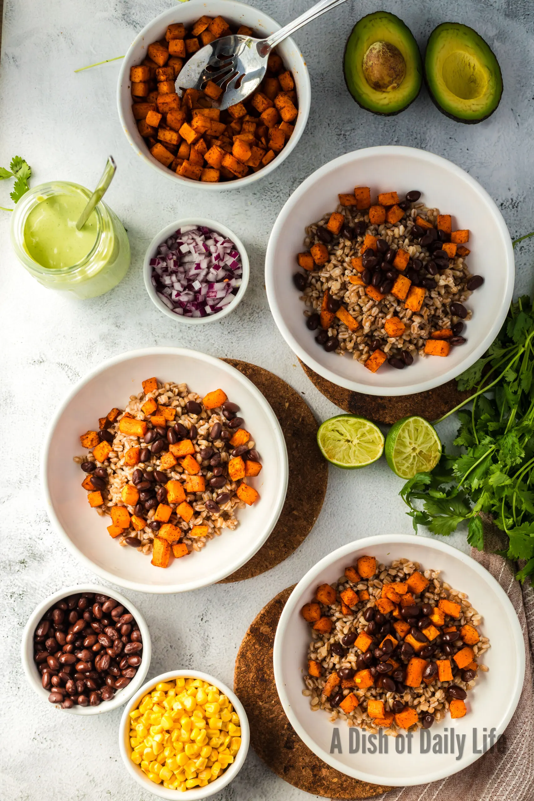 Black Beans topping sweet potatoes and Farro in bowls