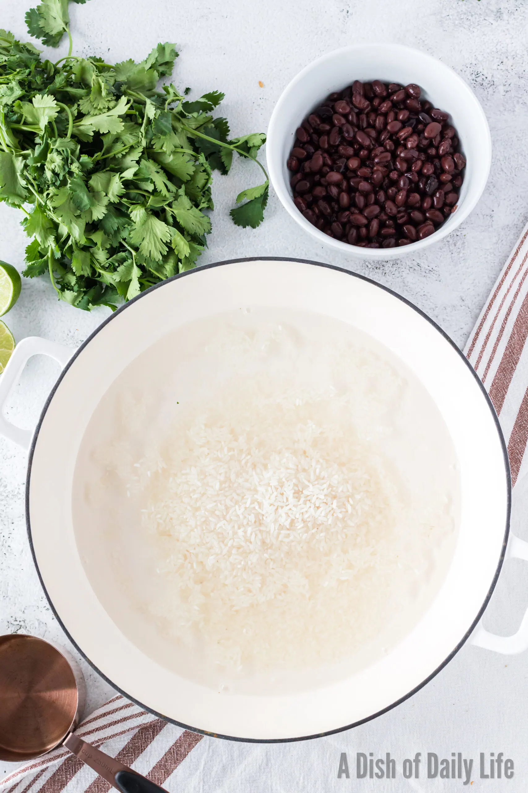 Rice and water in a pot, ready to cook
