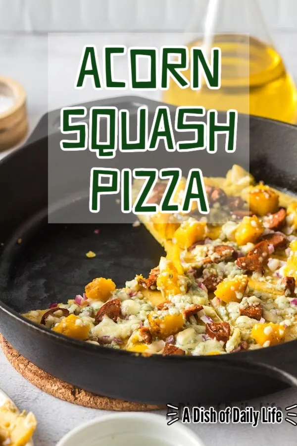 Main image for Acorn Squash Pizza. Pizza is in a skillet with two slices missing.