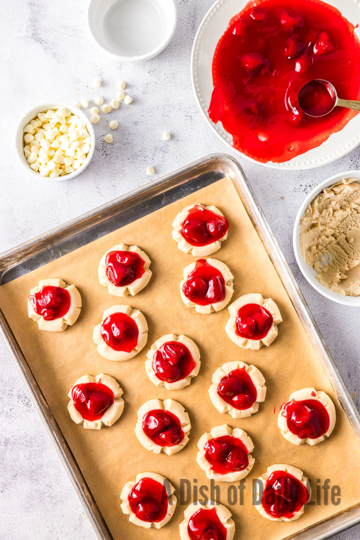 Baked cookies on cookie sheet.