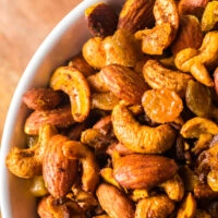Zoomed in image of bowl full of trail mix.