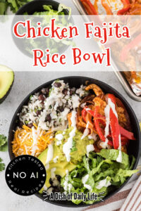 Main image for Chicken Fajita Rice Bowl Recipe. Image is of the bowl fully prepared and ready to eat.